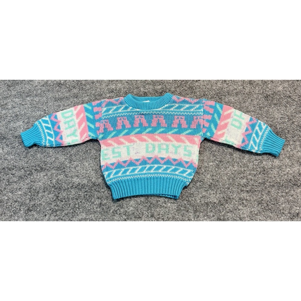 Vintage 90s Knit Baby Sweater 12M Teal Pink Geometric "Best Days" Portugal